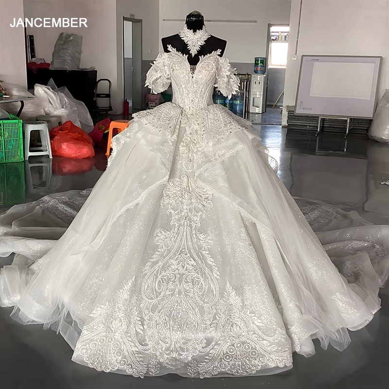 

Lace Up Organza Customized Wedding Evening Gowns White Wedding Dresses Off Shoulder Sweep Train Bride Dress vestidos de novia