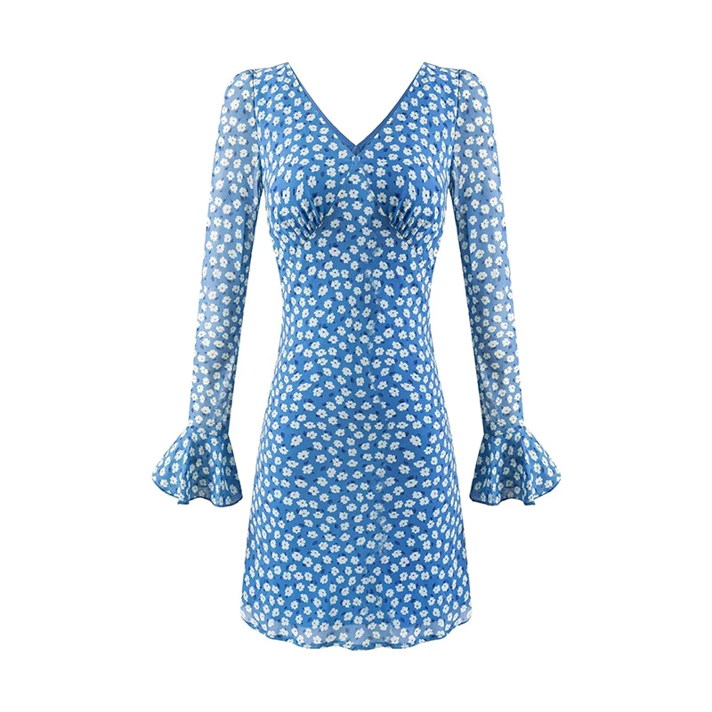 YENKYE Nuove donne stampa floreale manica lunga mini abito sexy backless scollo a V abiti da vacanza a-line Chic Lady Robe