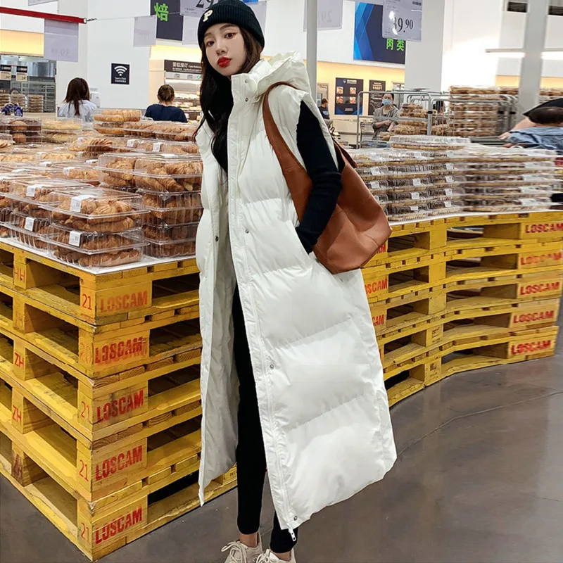 

2026 Down Cotton Long Waistcoat Women Vest Jackets Warm Elegance Coats Winter Female Korean Lace-up Sleeveless Puffer Jacket