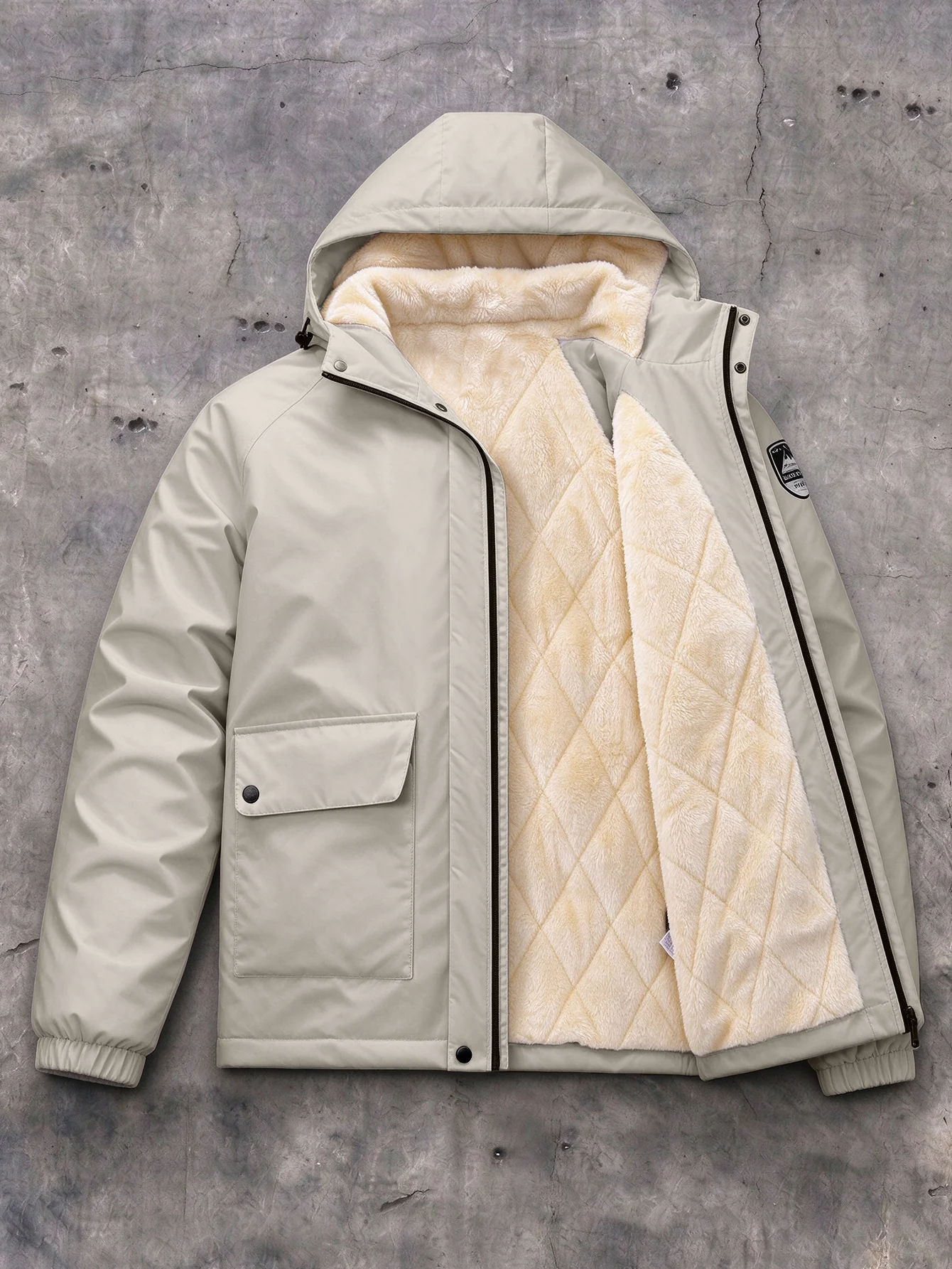 Men White Fleece Lined Hooded Jacket Thick Warm Winter Cargo Parka Windproof Outdoor Hooded Coat Multi Pockets Casual Outerwear