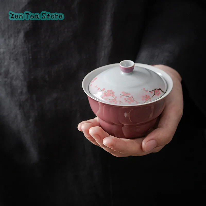 Purple Peach Hand Painted Gourd Covered Bowl Chinese Imitation Ancient Ceramic Kung Fu Tea Set Tea Bowl Literati Tea Set