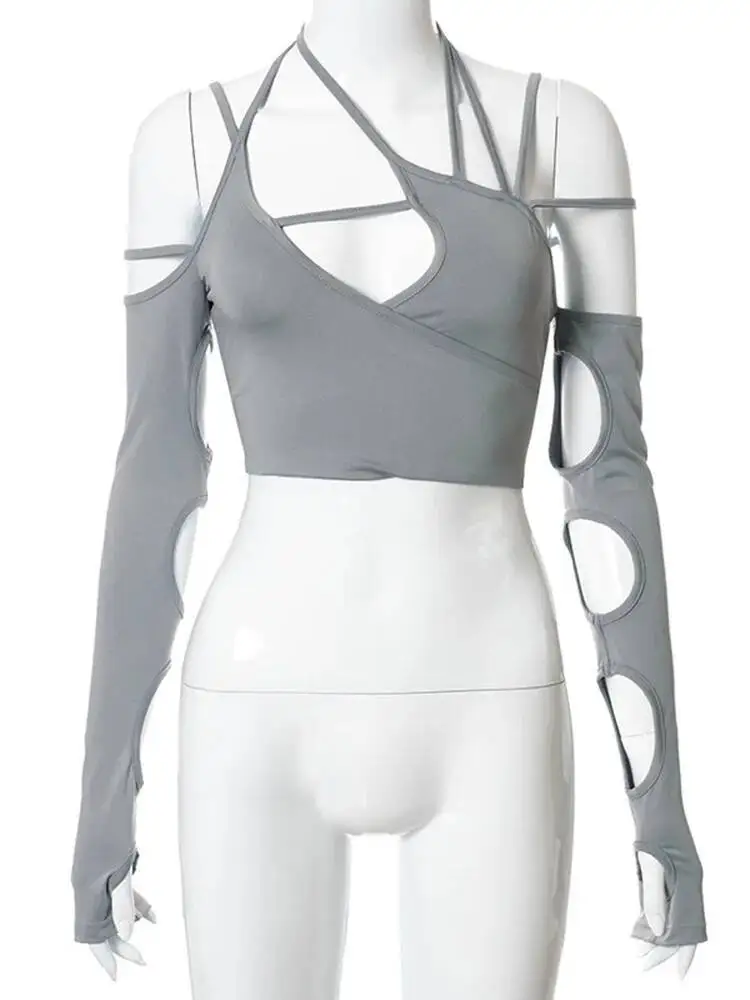 Punk feminino halter topos gótico egirl retalhos manga longa colheita topo sexy cortar camisetas casuais