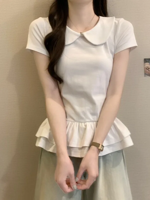 スリムフィット半袖tシャツ-レディース-夏用-ショルダーライン-バランサーダールカラー-バレエスタイル-ホワイトフローラルデザイントップ