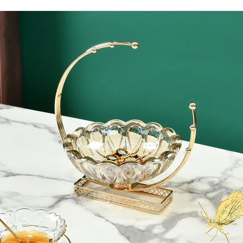 Flower Basket Shape Fruit Plates Metal Frame Bowls and Snacks Dessert Dishes Hotel Dinner Table-top Glass Serving Trays