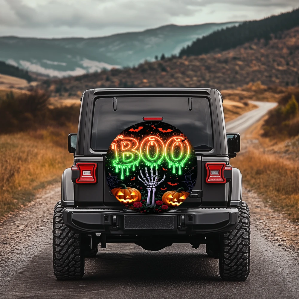 1pc 30/34 Inch Multi Functional Spare Tire Cover For Jeep Trailer RV Offroad Truck Camper Vehicles, Halloween Boo Pumpkin Skelet