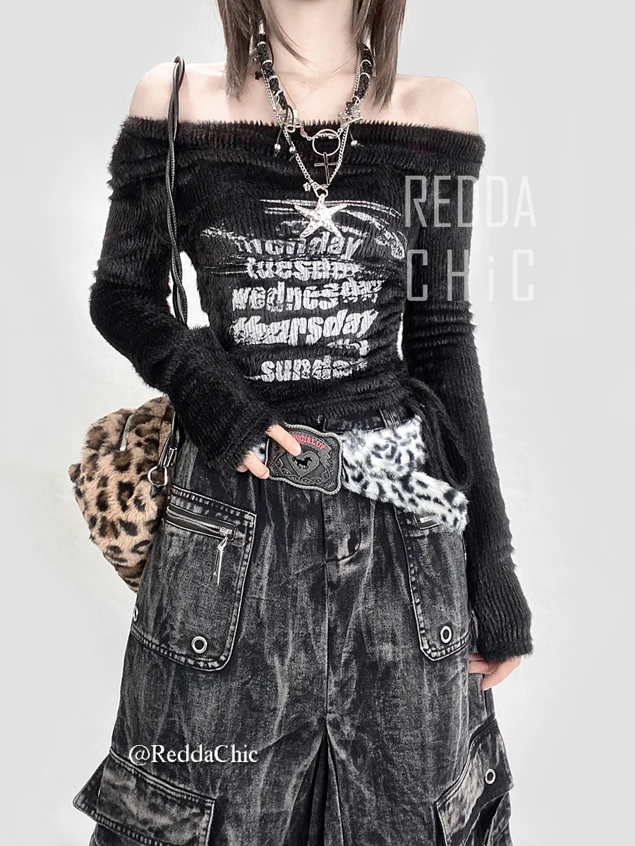 ReddaChic Eyelets Pocket Cargo Jeans Skirt Women Midi Long Do old Tie Dye Pleat A-line High Waist Denim Skirt Grunge Streetwear