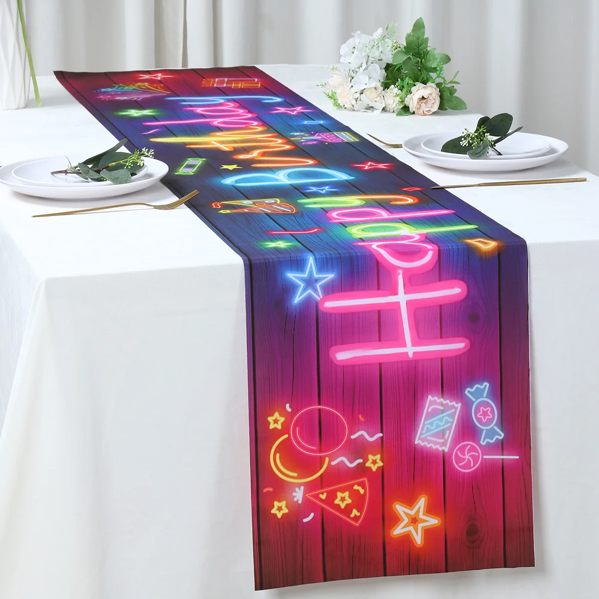 

Неоновая светящаяся дорожка для стола с днем рождения, флуоресцентный шар, дизайн звезды, настольный флаг, принадлежности для дня рождения, декор стола для дня рождения
