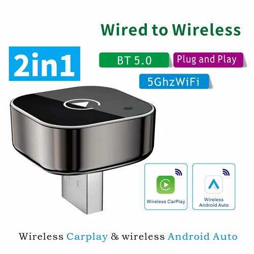 Adaptador 2 en 1 con cable a inalámbrico CarPlay Android Auto para estéreo de coche OEM con Dongle USB Mini caja inteligente Plug Play Blueto