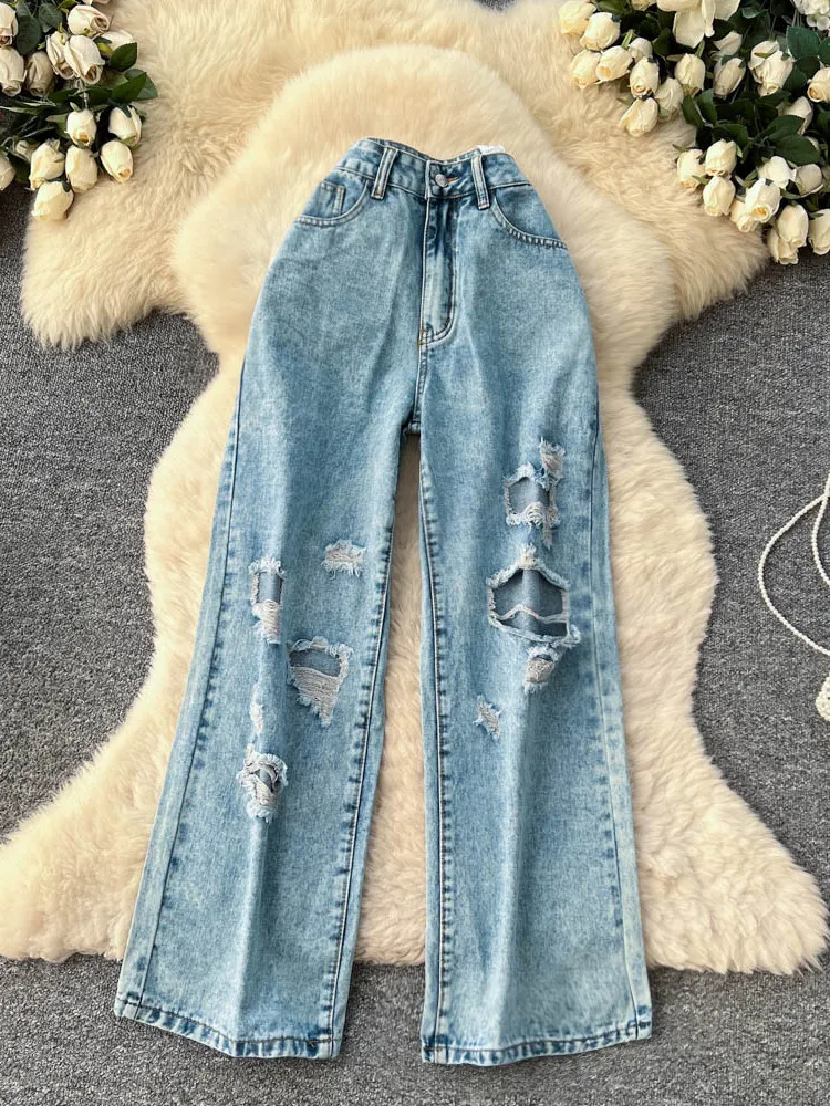 

Vintage hole breaking design personalized wide leg jeans women in spring and summer new high waist sloose straight leg pants