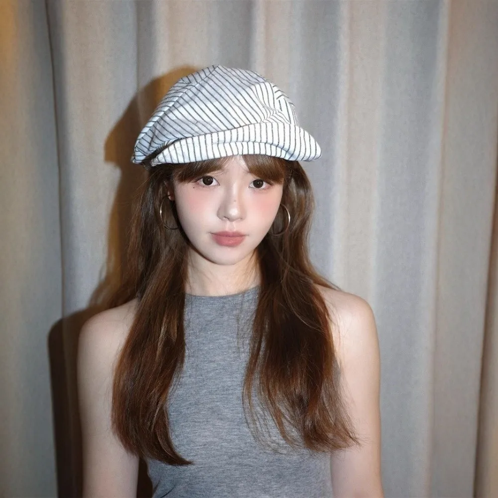 

New Breathable Striped Berets Short Brim Adjustable Octagonal Hat Newsboy Cap for Women Girl