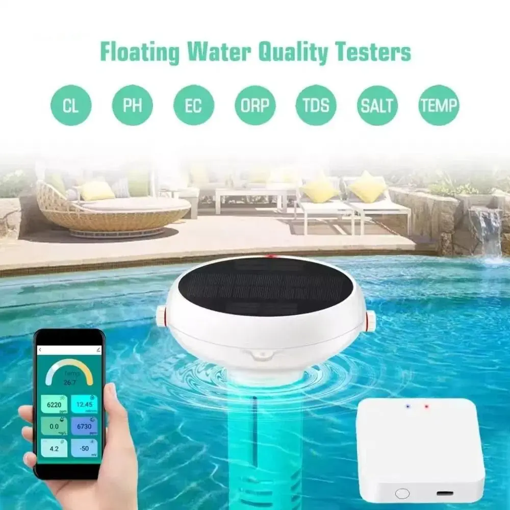 

PH/ORP/EC/Temp/CL/Salt Intelligent Chlorin Meter Floating Waterproof Design Solar & USB Charging 7 IN 1 Test Meter
