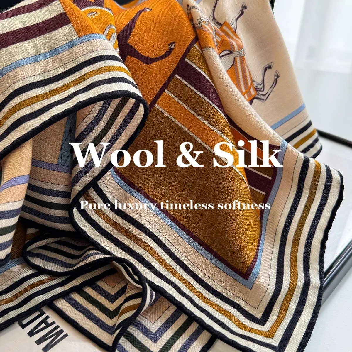 

82% Wool 18% Real Silk Scarf Double-sided Horse Wrap Hijab Shawl Flight Attendant Multi-functional Square Scarves Poncho Bufanda