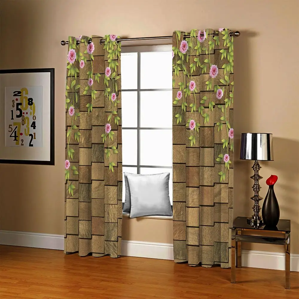 Curtain Decoration 3D Brief Green leaf flowers on the lattice wall Curtains For Bedroom Living room Polyester Room Curtain