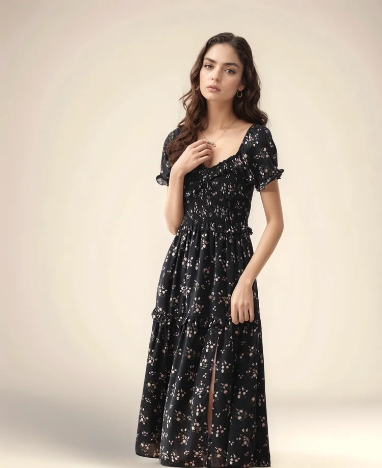 Damska długa sukienka 2025 letnia szyfonowa czarna kwiatowa szczupła Boho plażowa odzież uliczna wakacje