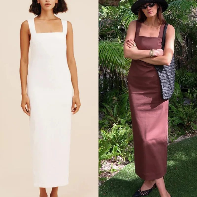 

Breathable Linen Square Neck Tank Dress Summer Casual Plain Color Wide Strap Gown Trendy Women's Seamless Long Maxi Dress New