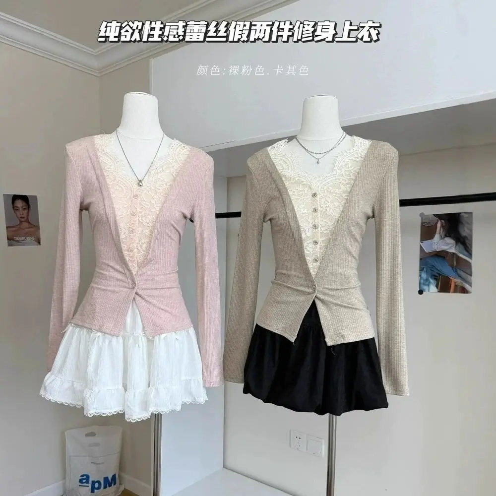 

Korean contrasting color one-shoulder short-sleeved T-shirt for women 2025 summer new irregular knitted top