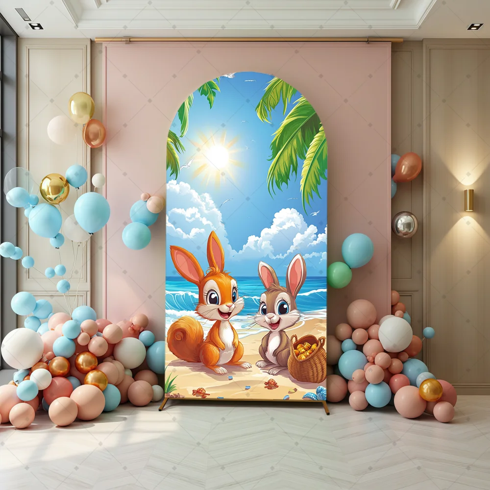 

Double Sided Summer Beach Party Rabbit Children's Birthday Baby Shower Cover Arched Wall Background Decoration Background Photo