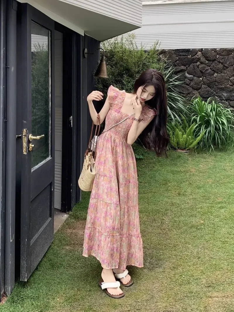 Grote maat bloemenrok Jurk met vliegende mouwen Dames Nieuw Vierkante hals Temperament Slank