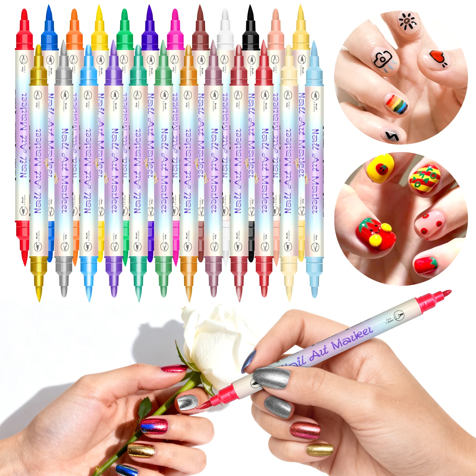 

Dual-Ended Nail Art Pen, Available in 12 or 24 Colors, Dual Design with 0.5-5mm Brush Tip + 1-2mm Fine Tip, Water-Based Quick-Drying, High Saturation Pearlescent/Metallic Colors for One-Stroke Application, No Need for a Curing Lamp, Suitable for Multiple 