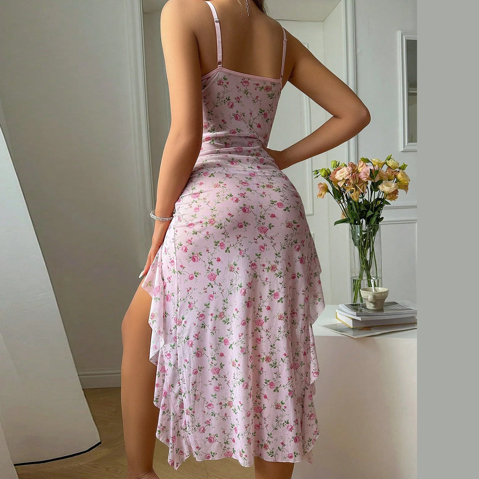 新しいファッションレディース花柄寝間着フリルスパゲッティストラップキャミミディドレスパジャマランジェリーシュミーズホット販売S-XL