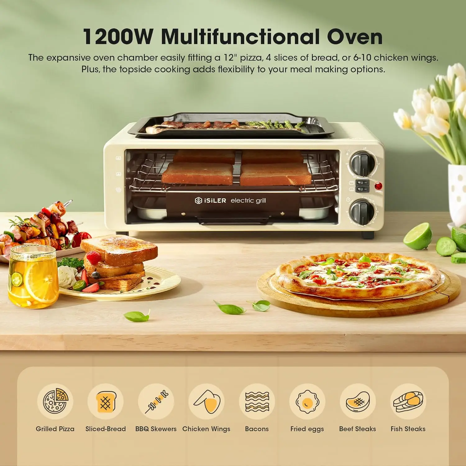 Air Fry Countertop Oven, 1200W 8-in-1 Electric Griddle Toaster Oven Combo, Flip Up & Away Capability for Storage Space, E