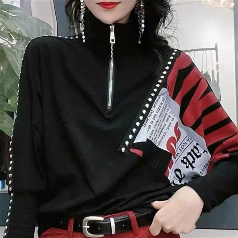 Elegant Fashion Harajuku Slim Fit Female Clothes Loose Casual All Match Sweatshirt Printed Zipper Stand Collar Long Sleeve Tees