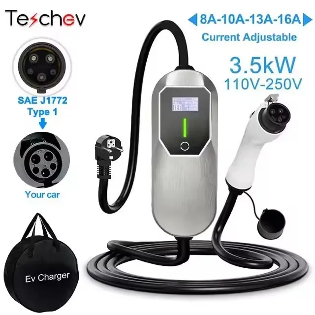 Teschev 220 V 230 V Draagbare Elektrische Auto Voertuigen EV Charger Type 2 16A 3.5kW Auto Oplaadkabel SAE J1772 Type 1 Wallbox
