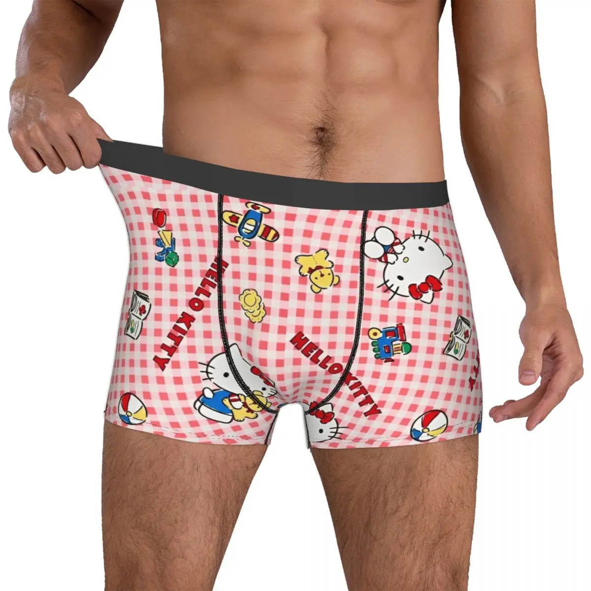 Custom Hello Kitty Red Check Man Boxer Shorts Soft Underwear Printed Fun Underpants