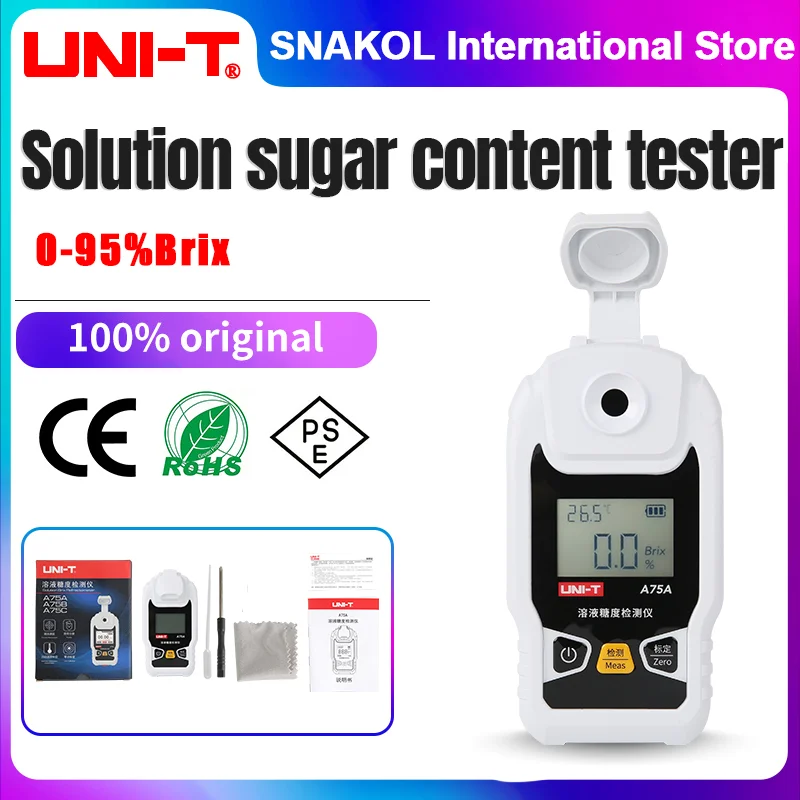 Réfractomètre numérique LCD UNI-T A75C, mesureur Brix, instrument de mesure de la teneur en sucre pour jus de fruits et boissons, ATC, 0-95%, saccharomètre