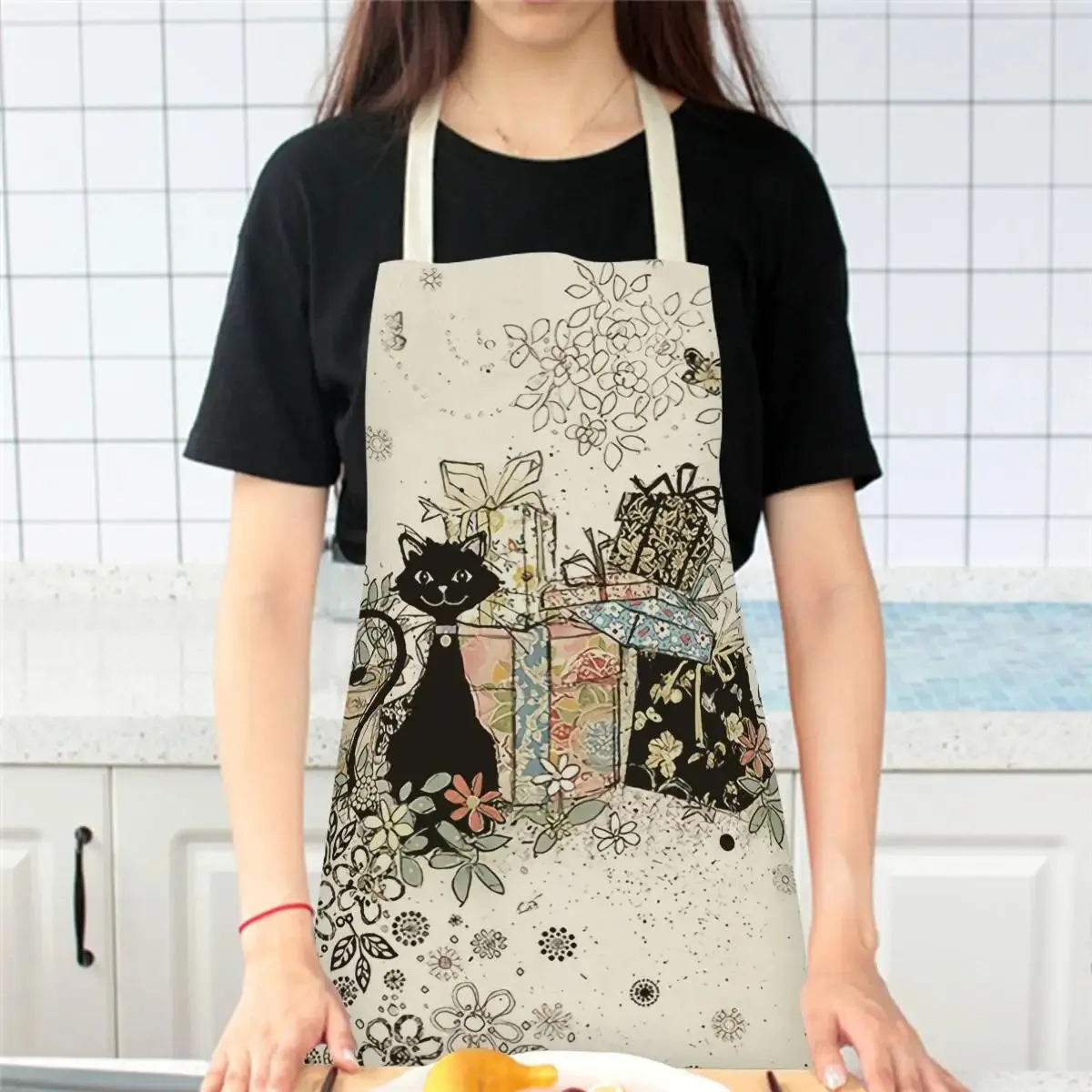 Cartoon Animal Style Cute Cat Pattern Kitchen Apron For Women Bibs Household Cleaning Pinafore Home Cooking Aprons Chef Apron