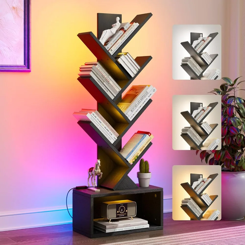 

6 Tier Tree Bookshelf with Lights, LED Book Tree Bookshelf with Storage Organizer, Small Corner Bookcase Floor Standing Book