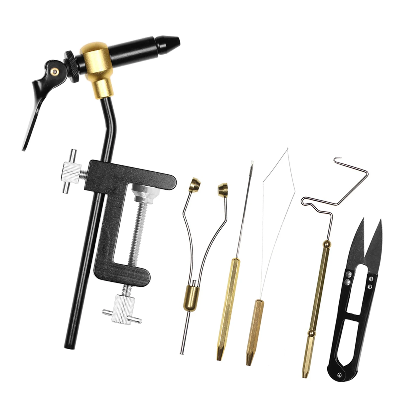 

Набор для вязания мушек из 6 предметов: тиски для вязания мушек, держатель для бобина, нитевдеватель, игла, инструмент для завершения мушек, ножницы