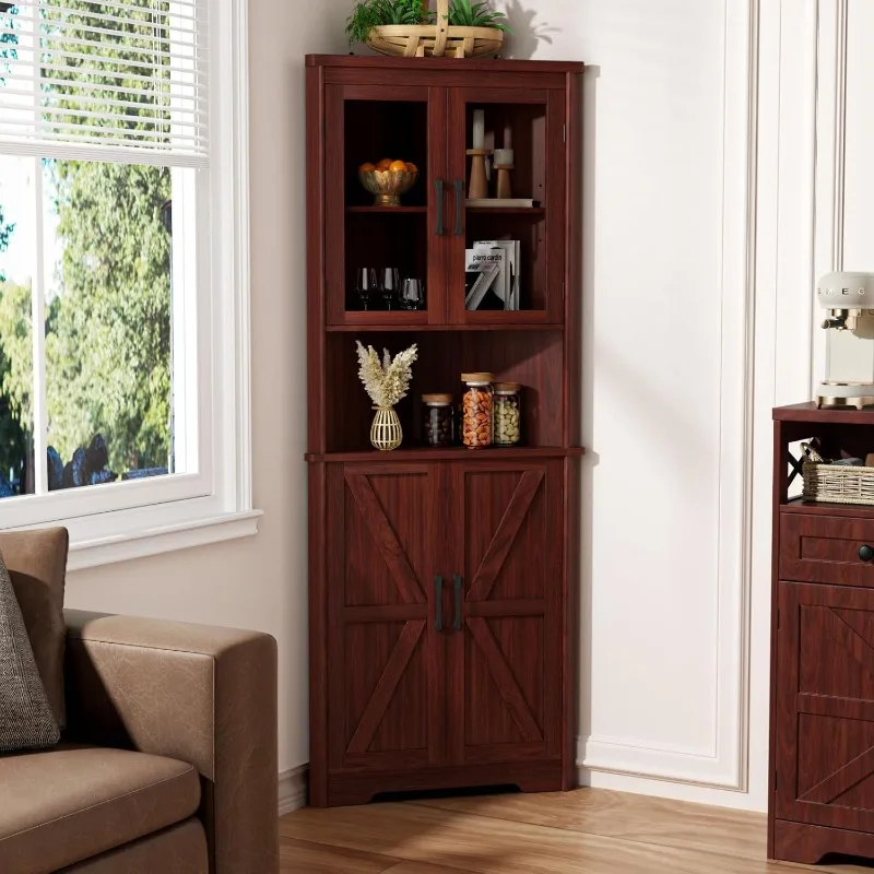 Brown Farmhouse Locker with Barn Door Open Storage Glass Door Side Cabinet