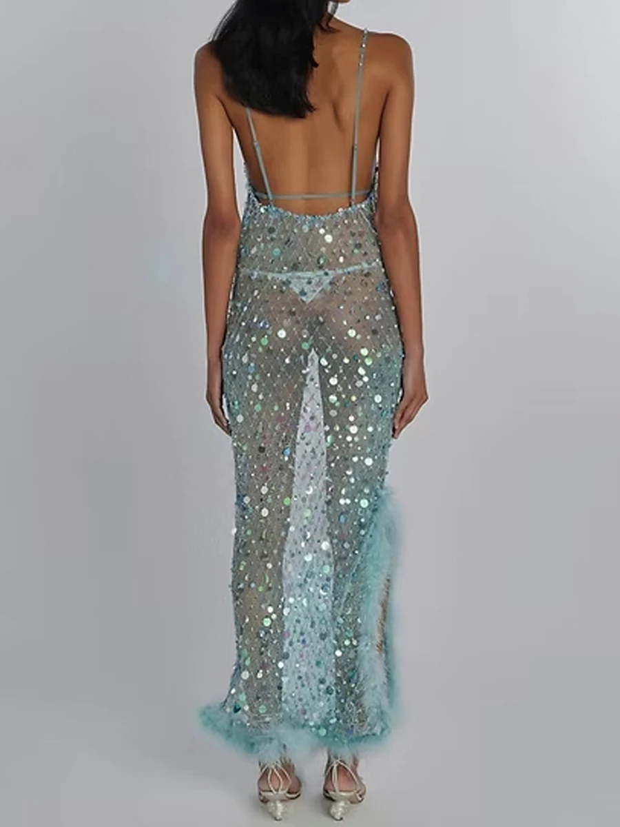 Nueva moda mujer vestido transparente tirantes espagueti espalda descubierta lentejuelas transparente vestido con abertura vestido largo de verano Club Street Style S M L