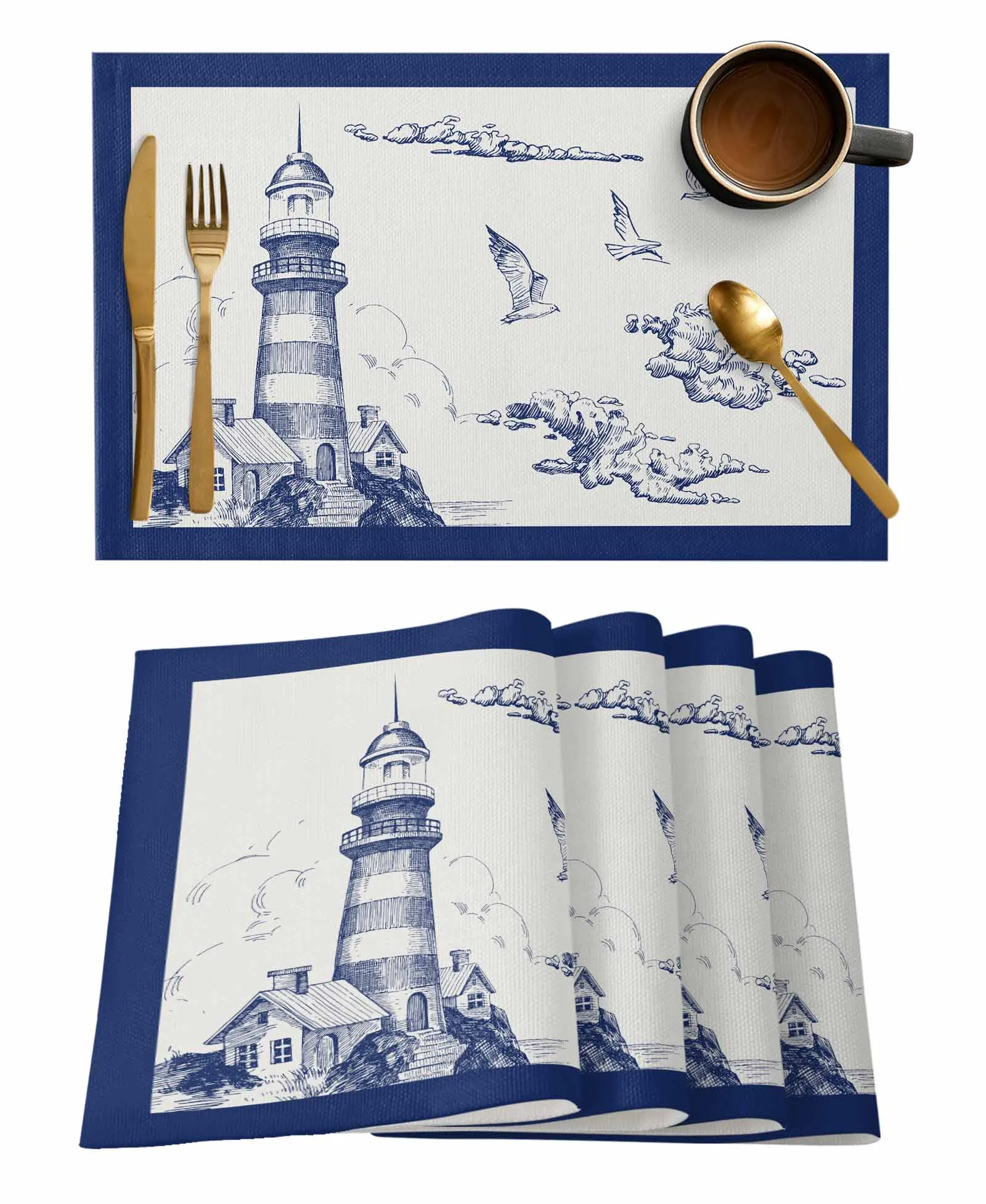 Blue Border Lighthouse Navigation Table Runner Wedding Coffee Table Cover Decor Kitchen Dining Table Cloth Placemats