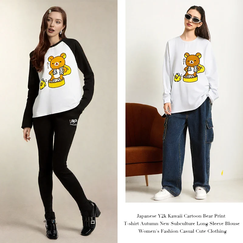 

Y2k women clothing Kawaii Cartoon Bear Print T-shirt Autumn New Subculture Long Sleeve Blouse Women's Fashion Casual Cute tops