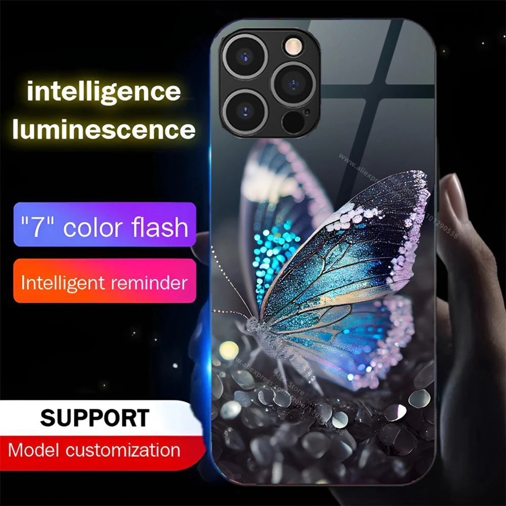 

Cute Crystal Butterfly LED Light Phone Case Glitter Shockproof Back Cover For iPhone 16 15 14 13 12 11 Pro Max X XS XR Plus SE
