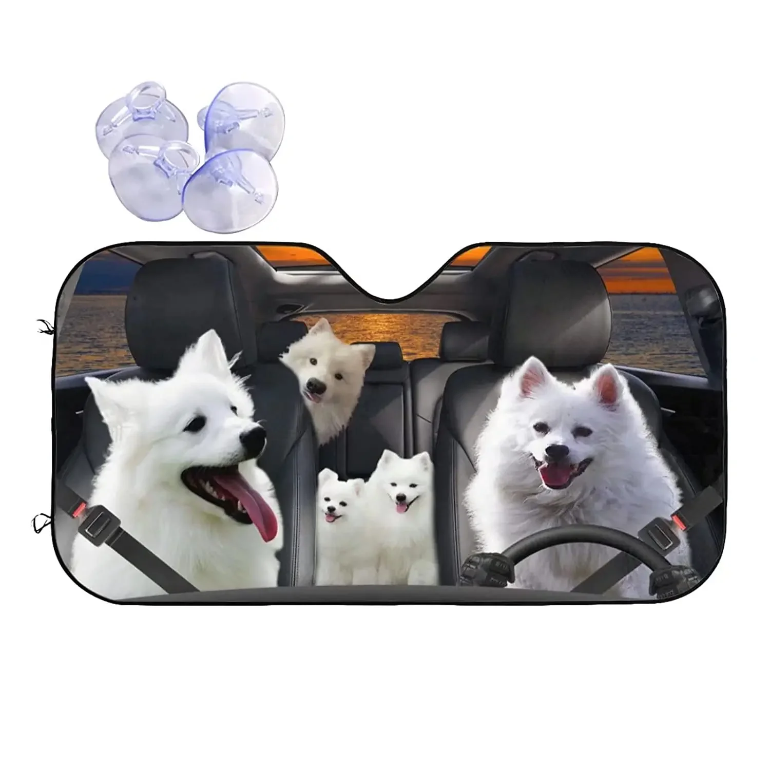 TABL American Eskimo Dog Driving Auto Windshield Sun Shade,Dog Car Sun Shade,Dogs Windshield,Dogs Family Sunshade,Dog Car 51.2 X