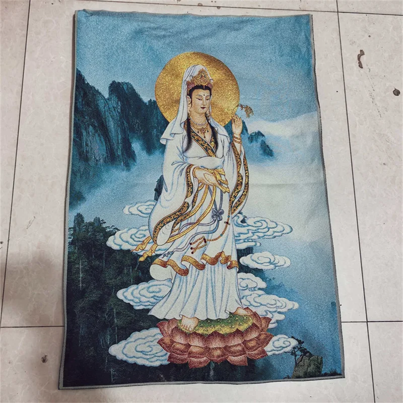 China Old Brocade Embroidery Tangka Pure Water Guanyin Buddha Statue - Handcrafted Buddhist Artwork for Home Decor