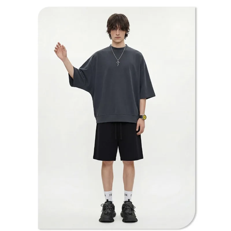 New Spring Men's Mid-sleeved T-shirt American Retro Solid Color Semi-high Neck Loose Pure Cotton Top