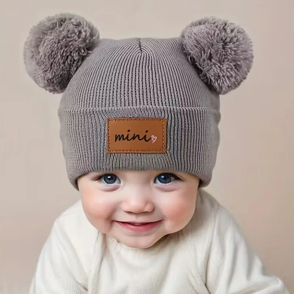 

Мягкая акриловая вязаная шапка для детей 0-3 лет — эластичная эластичная зимне-весенняя шапка с помпоном и мини-этикеткой, аксессуар для наряда