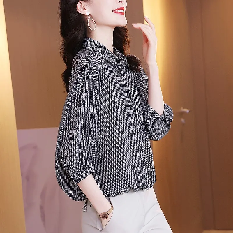 Silk irt Women's Spring Autumn Plaid Design Sensation Small ence  Silk Top  Collar Seven Sve Regular Length