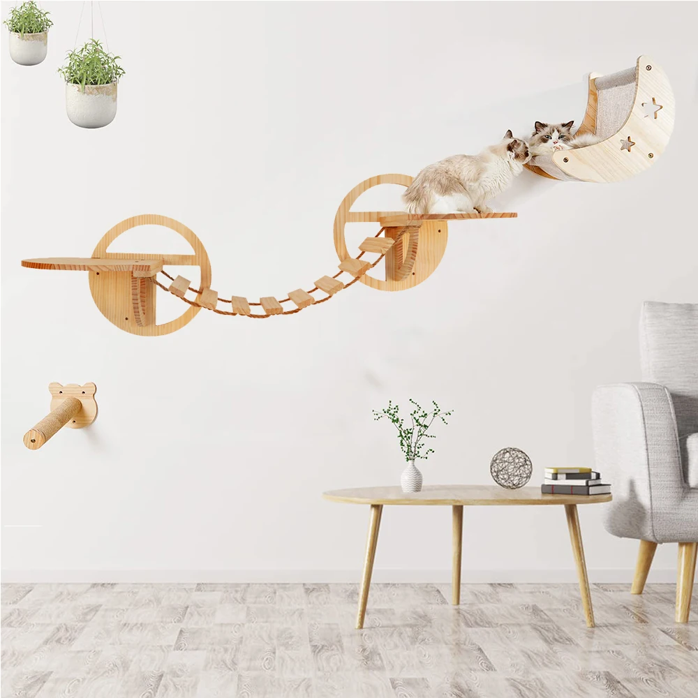 

1 Piece Cat Wall Wooden Climbing Bridge or Cat Hammock and Jumping Platform with Scratching Post Stairway Ladder for Cats Play