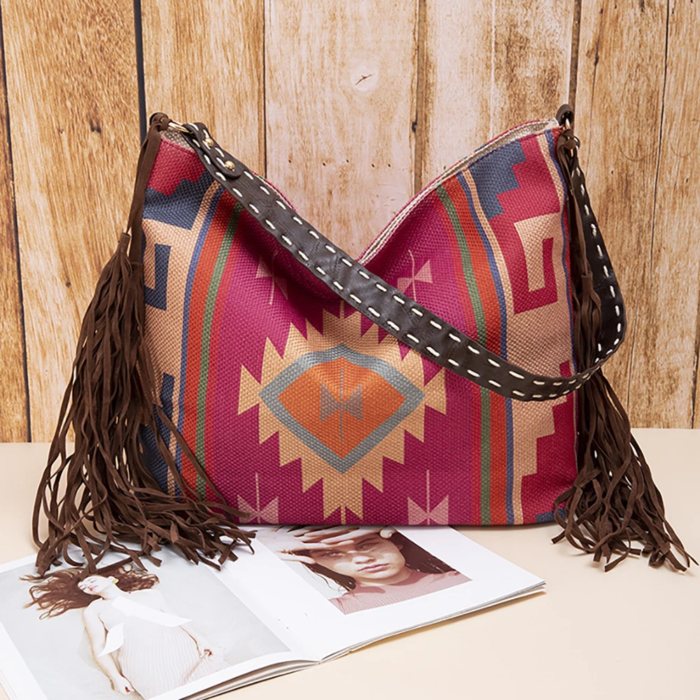 Woman Bags 2023 Trend Female Handbag Hand Made Grassland Canvas Sac Linen One Shoulder Bohemian Style Crossbody Bags Tassel