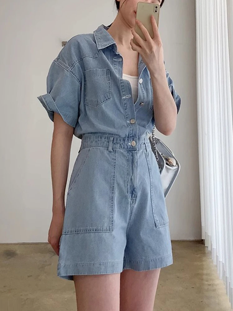 Denim Jumpsuit Voor Vrouwen Single Breasted Verzameld Taille Effen Mode Vrouwelijke Kleding Koreaanse Stijl 2024 Zomer Nieuw