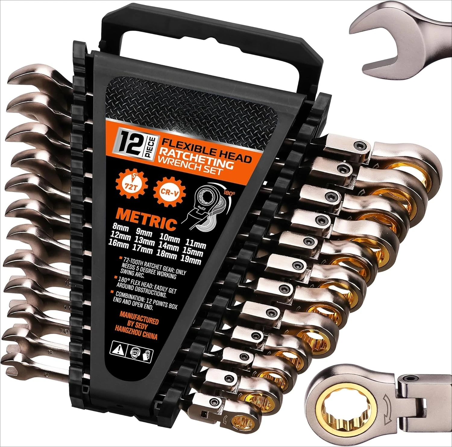 12-Piece Metric Flex-Head Ratcheting Wrench Set with Organizer | 8-19 mm Ratchet Combination Wrenches Set | 72-Teeth |Hot Sale