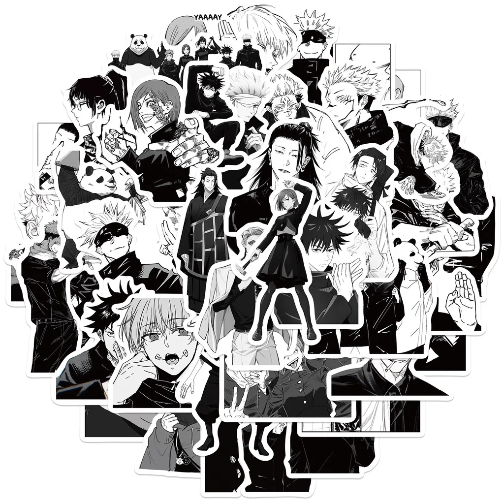 50 Stück schwarz-weiße Anime Jujutsu Kaisen Staffel 2, wasserdichte Graffiti-Aufkleber für Helm, Fahrrad, Handkonto, Federmäppchen