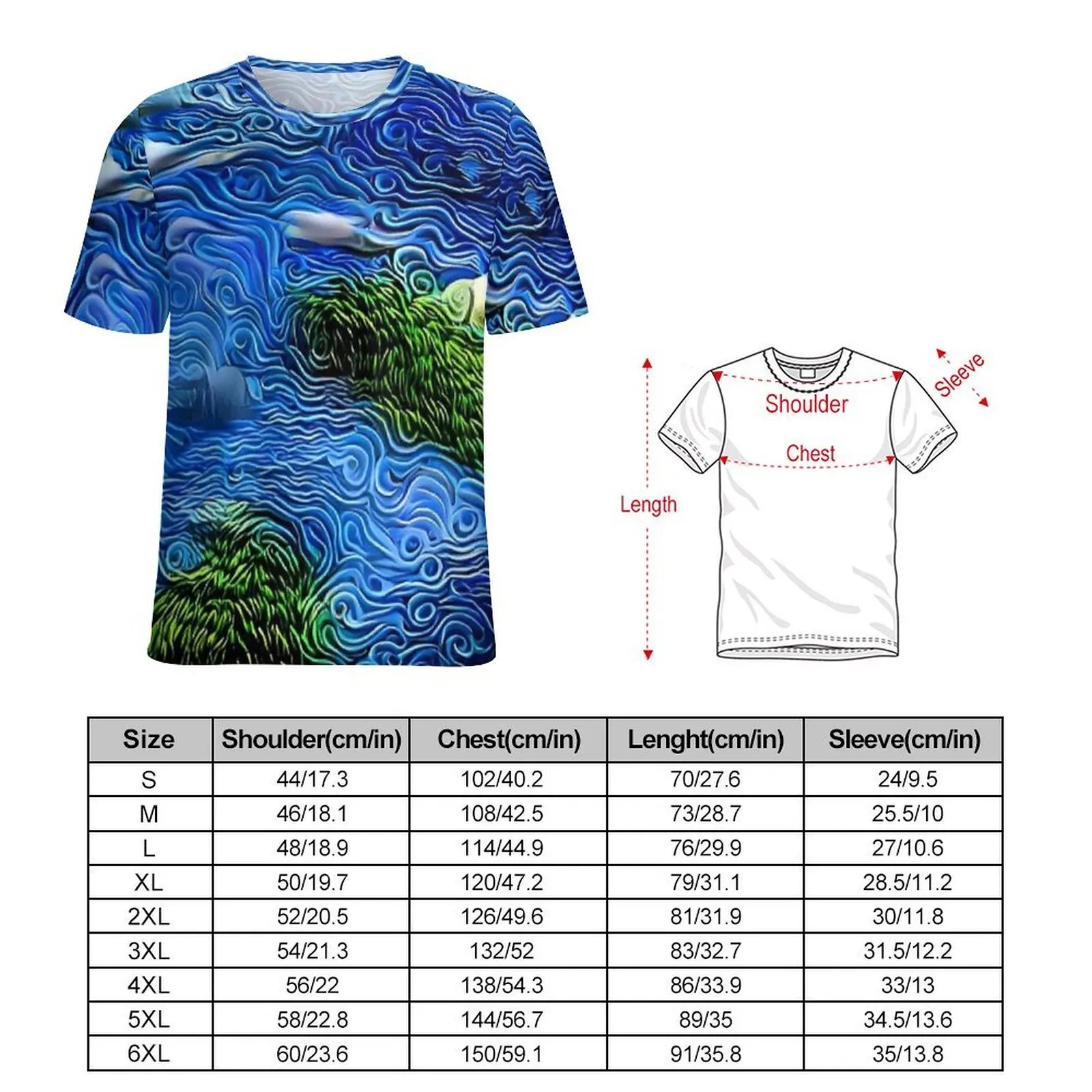 Van Gogh Style Swirl Wave Art Print T Shirt  Harajuku T Shirts Men Awesome Tshirt Summer Short-Sleeved Pattern Tops Big Size