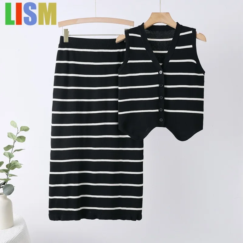 

LISM two piece outfits woman festivals outfit striped slimming camisole top casual half skirt knitted cardigan elegant Pant set