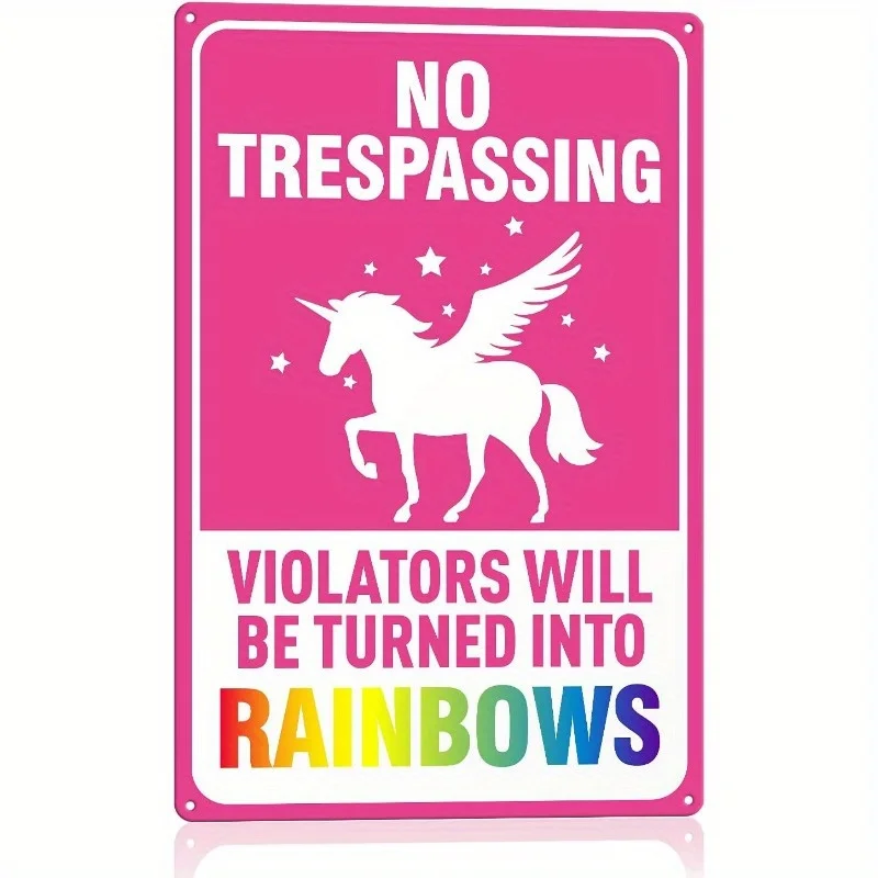 , Unicorn Sign Bedroom Decoration, No Trespassing Sign, Violators Will Be Transformed into Rainbows,  Metal Tin Novelty Sign Dec